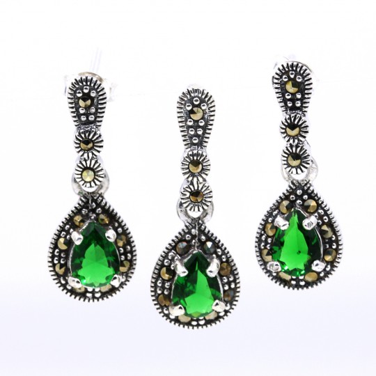 Set Picatura cu marcasite, cercei, pandantiv, argint 925, verde moss