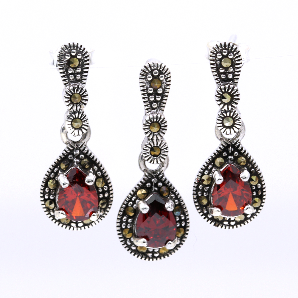 Set Picatura cu marcasite, cercei, pandantiv, argint 925, rosu magma