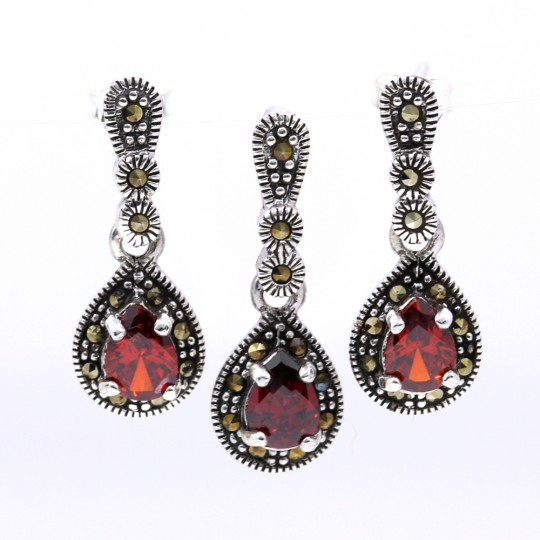 Set Picatura cu marcasite, cercei, pandantiv, argint 925, rosu magma
