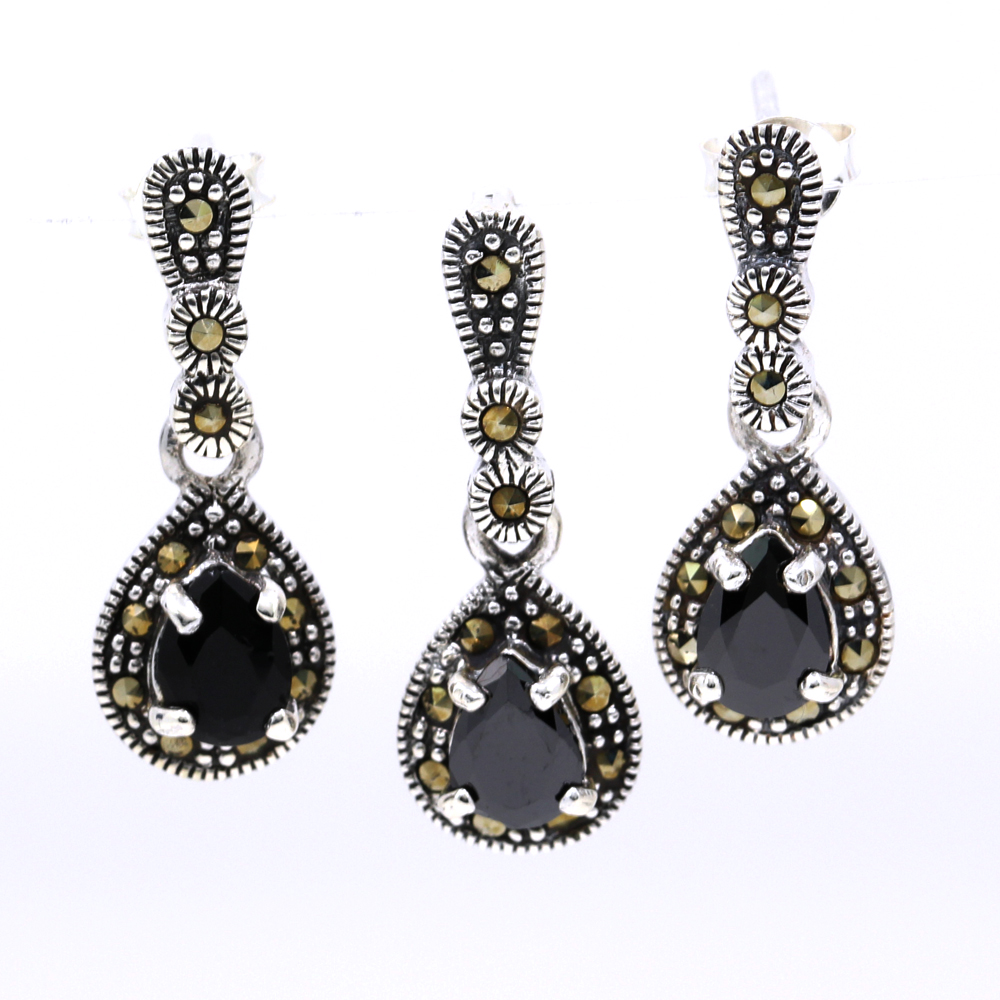 Set Picatura cu marcasite, cercei, pandantiv, argint 925, negru jet