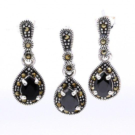 Set Picatura cu marcasite, cercei, pandantiv, argint 925, negru jet