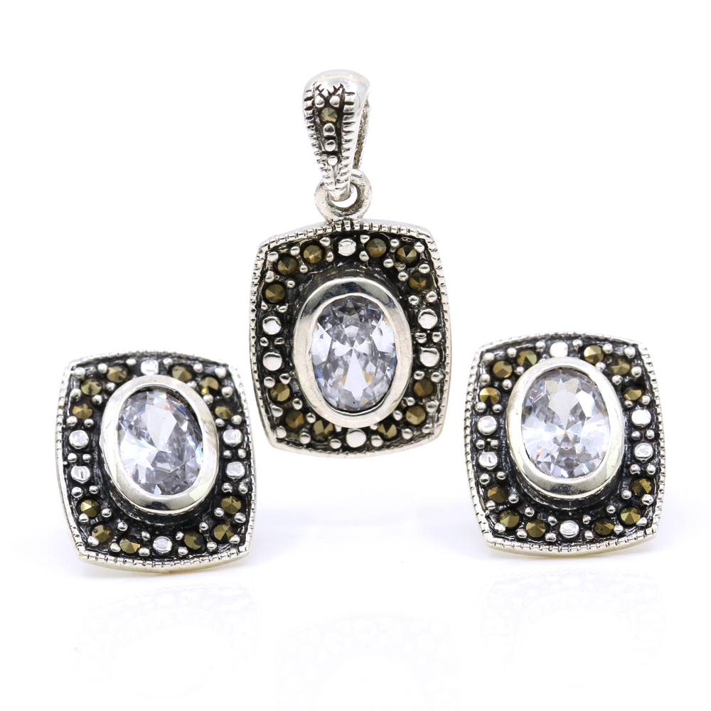 Set Dreptunghi cu marcasite, cercei, pandantiv, argint 925, alb transparent