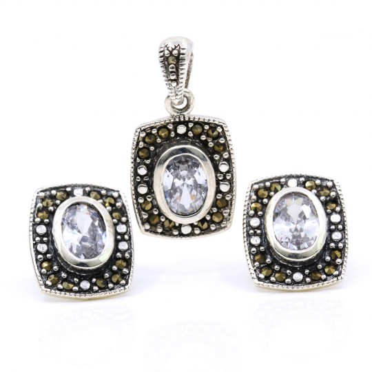 Set Dreptunghi cu marcasite, cercei, pandantiv, argint 925, alb transparent