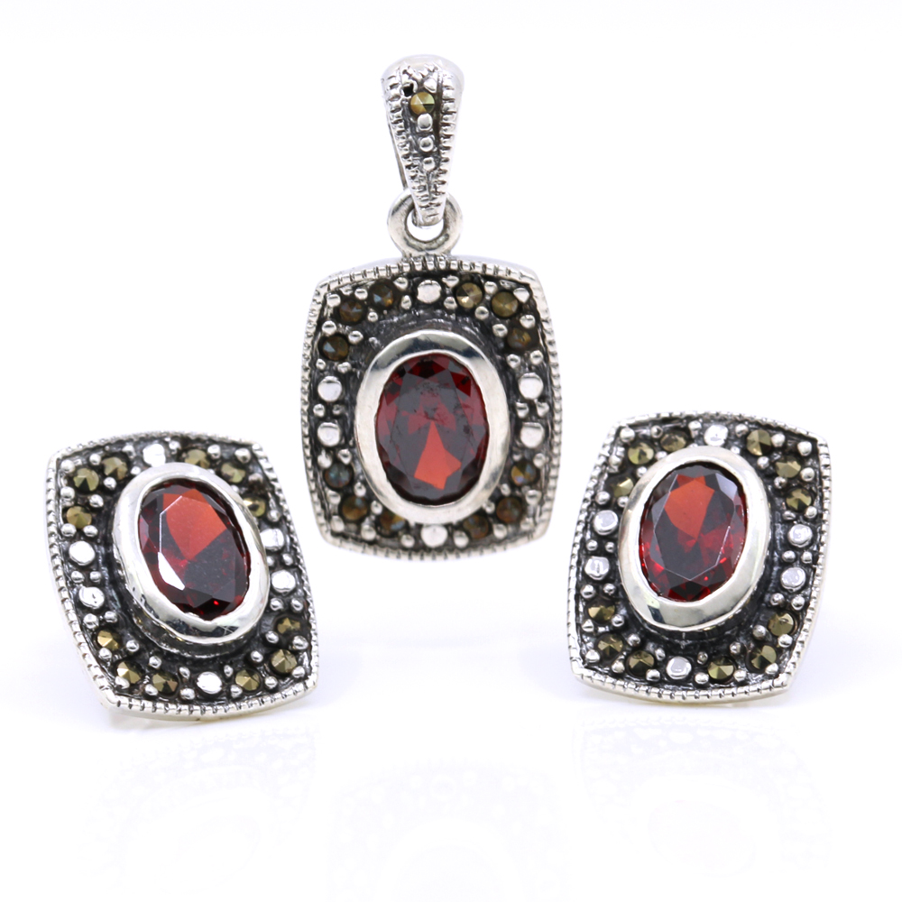 Set Dreptunghi cu marcasite, cercei, pandantiv, argint 925, rosu magma