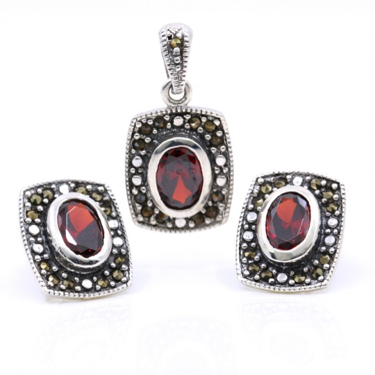Set Dreptunghi cu marcasite, cercei, pandantiv, argint 925, rosu magma