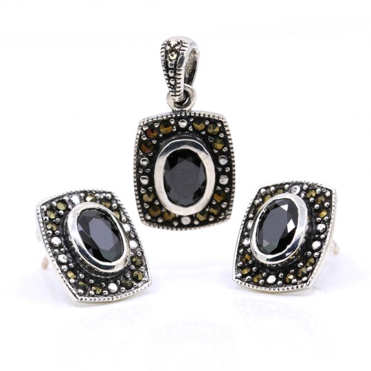 Set Dreptunghi cu marcasite, cercei, pandantiv, argint 925, negru jet