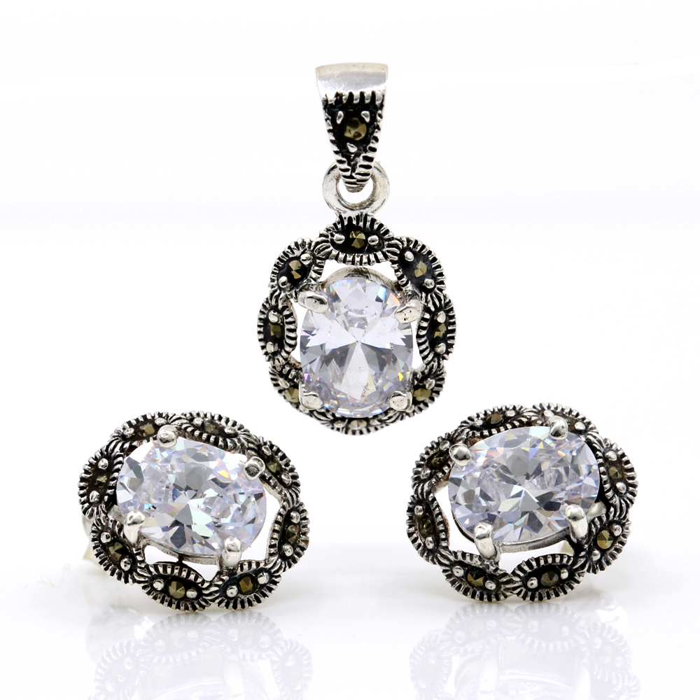 Set Oval cu marcasite, cercei, pandantiv, argint 925, alb transparent