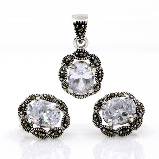 Set Oval cu marcasite, cercei, pandantiv, argint 925, alb transparent