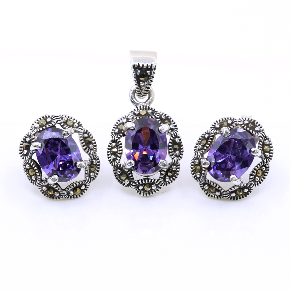 Set Oval cu marcasite, cercei, pandantiv, argint 925, mov