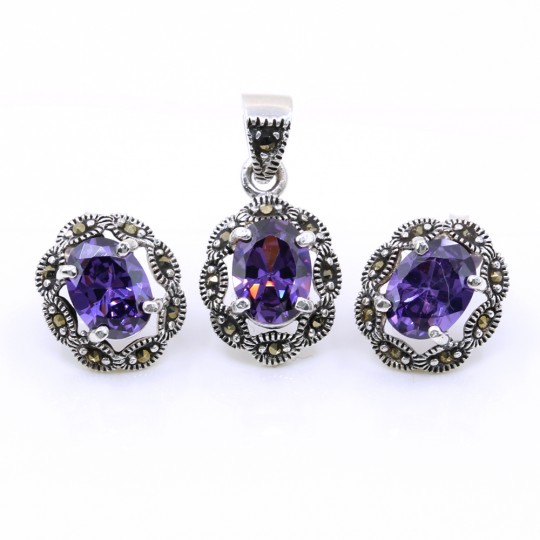 Set Oval cu marcasite, cercei, pandantiv, argint 925, mov