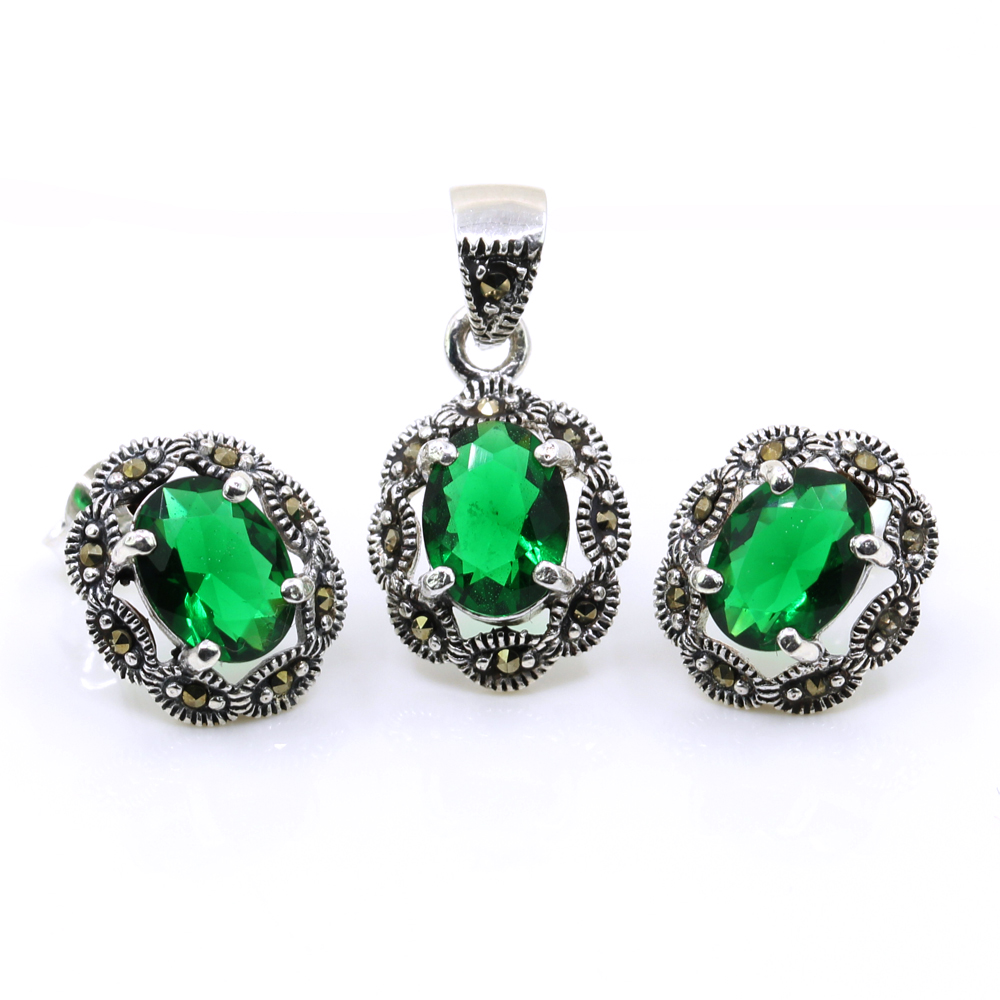 Set Oval cu marcasite, cercei, pandantiv, argint 925, verde emerald