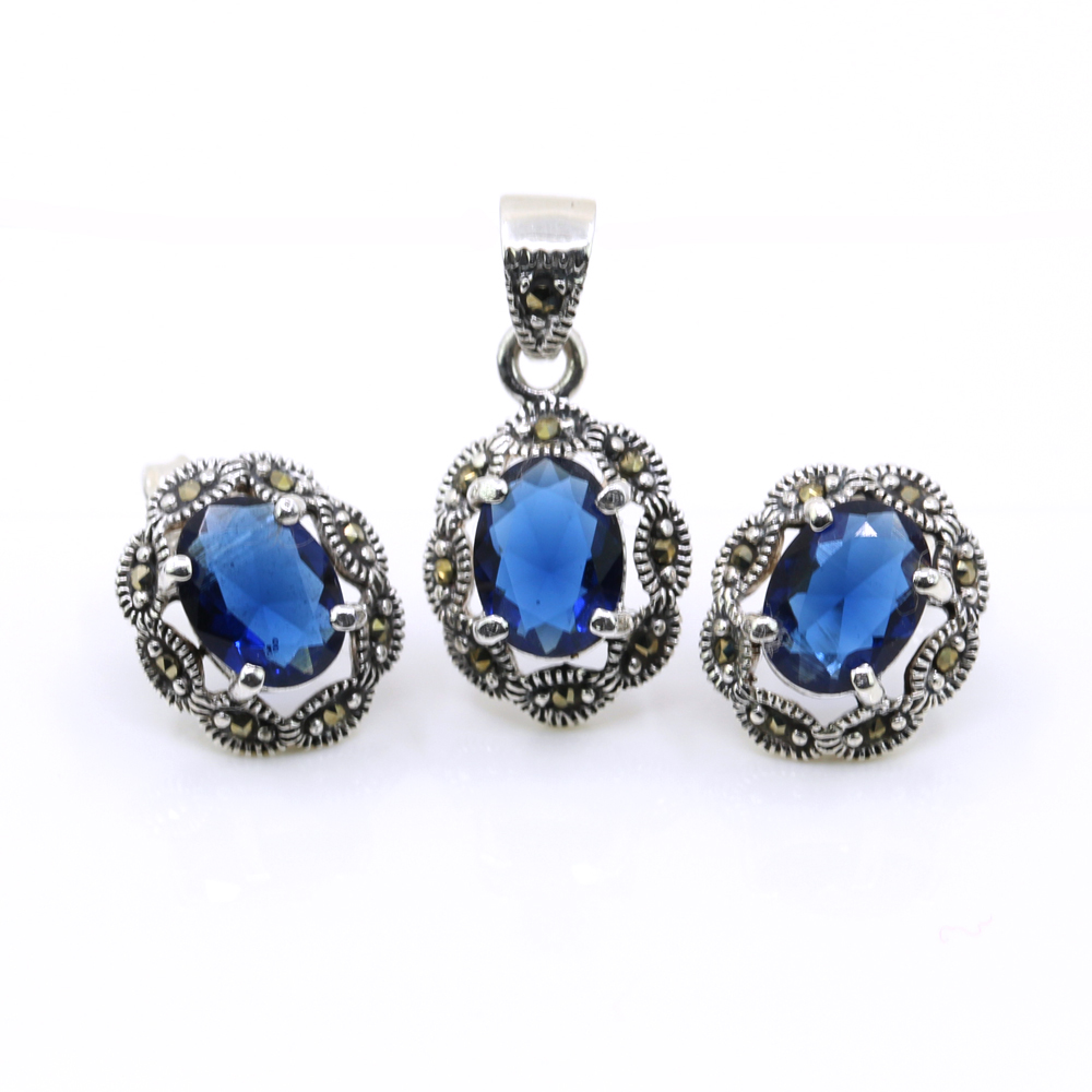 Set Oval cu marcasite, cercei, pandantiv, argint 925, albastru navy