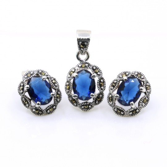 Set Oval cu marcasite, cercei, pandantiv, argint 925, albastru navy