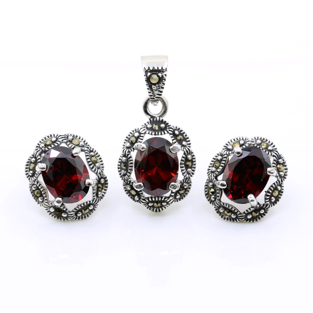 Set Oval cu marcasite, cercei, pandantiv, argint 925, rosu magma