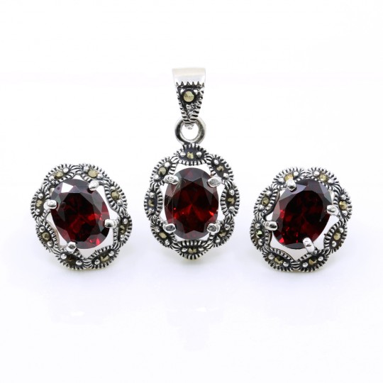 Set Oval cu marcasite, cercei, pandantiv, argint 925, rosu magma