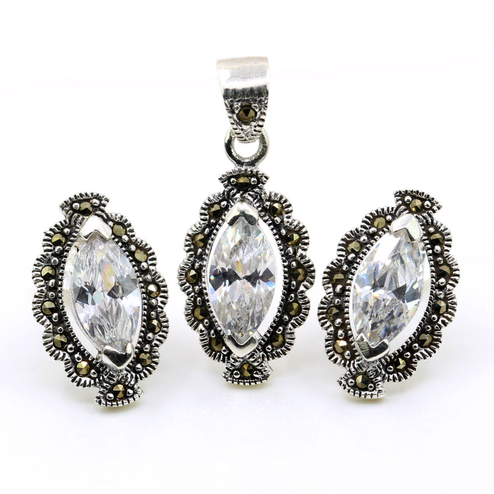 Set Marquise cu marcasite, cercei, pandantiv, argint 925, alb transparent