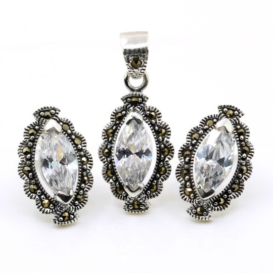 Set Marquise cu marcasite, cercei, pandantiv, argint 925, alb transparent