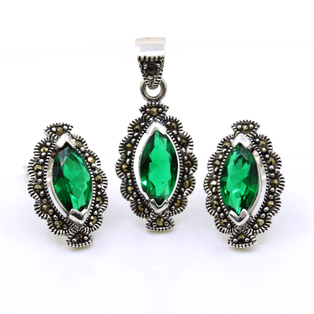 Set Marquise cu marcasite, cercei, pandantiv, argint 925, verde emerald