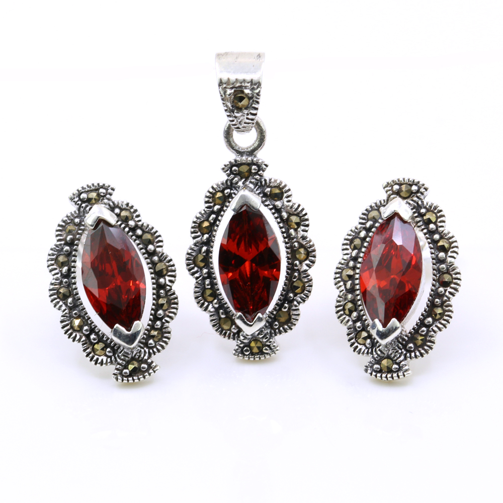 Set Marquise cu marcasite, cercei, pandantiv, argint 925, rosu magma