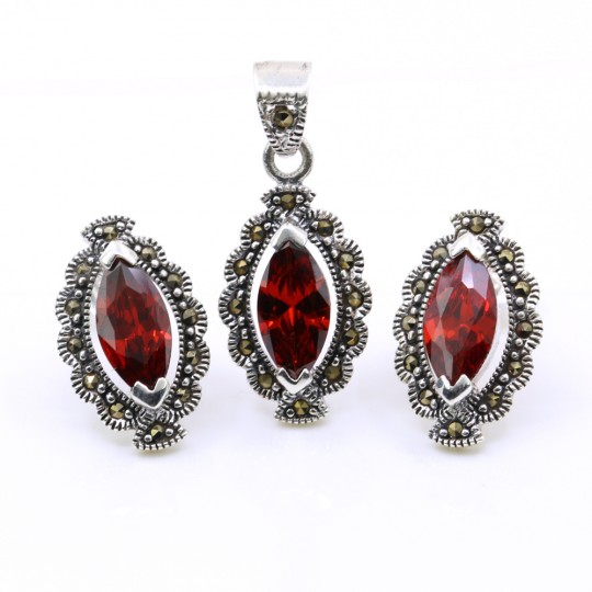 Set Marquise cu marcasite, cercei, pandantiv, argint 925, rosu magma