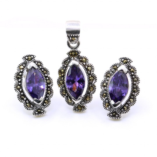 Set Marquise cu marcasite, cercei, pandantiv, argint 925, mov
