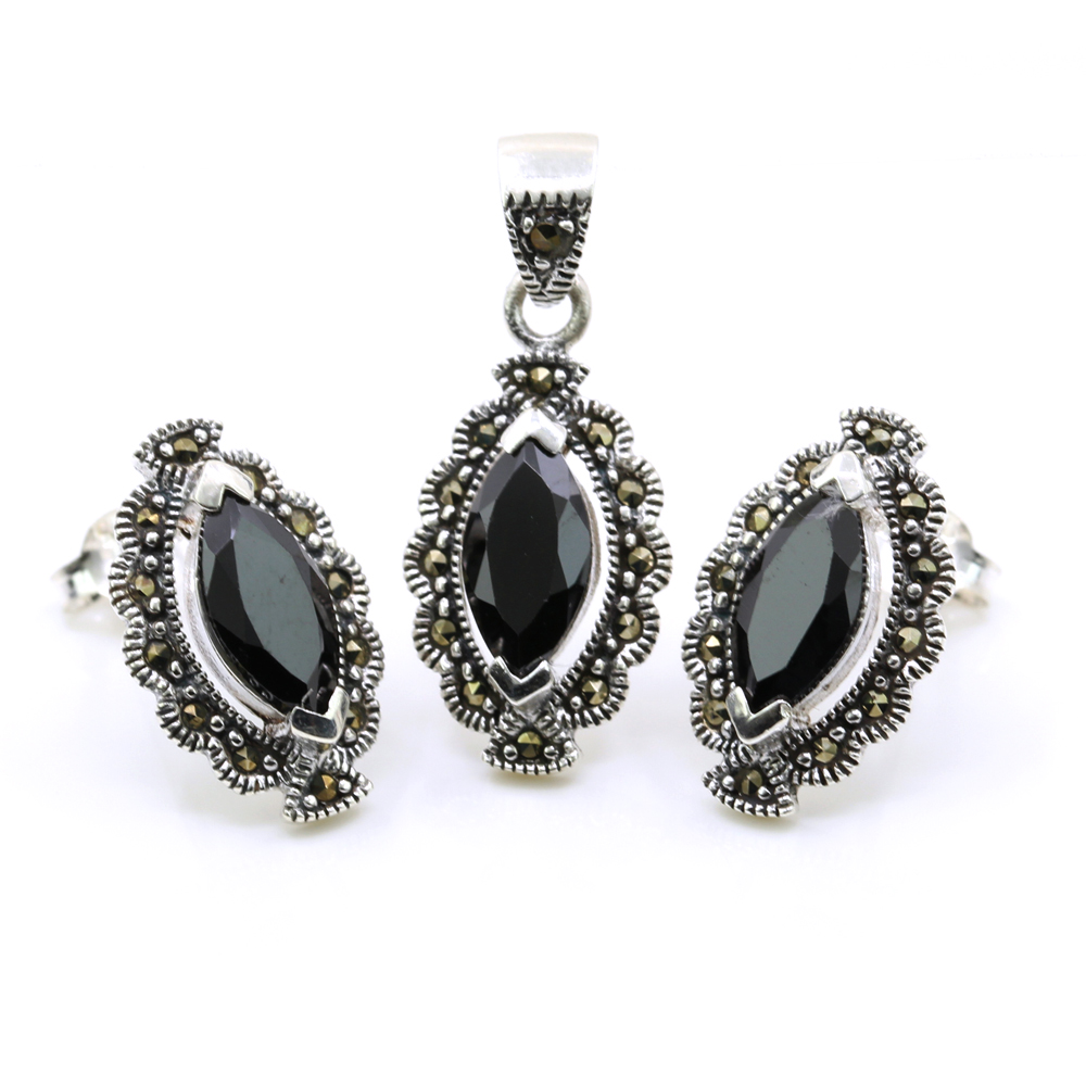 Set Marquise cu marcasite, cercei, pandantiv, argint 925, negru jet
