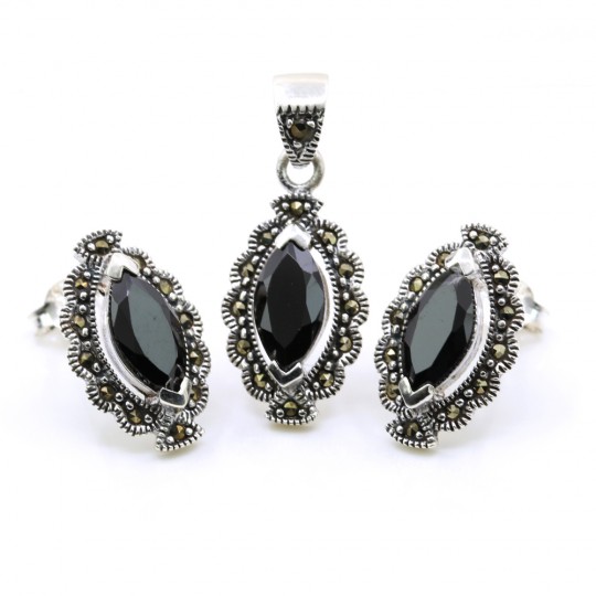 Set Marquise cu marcasite, cercei, pandantiv, argint 925, negru jet