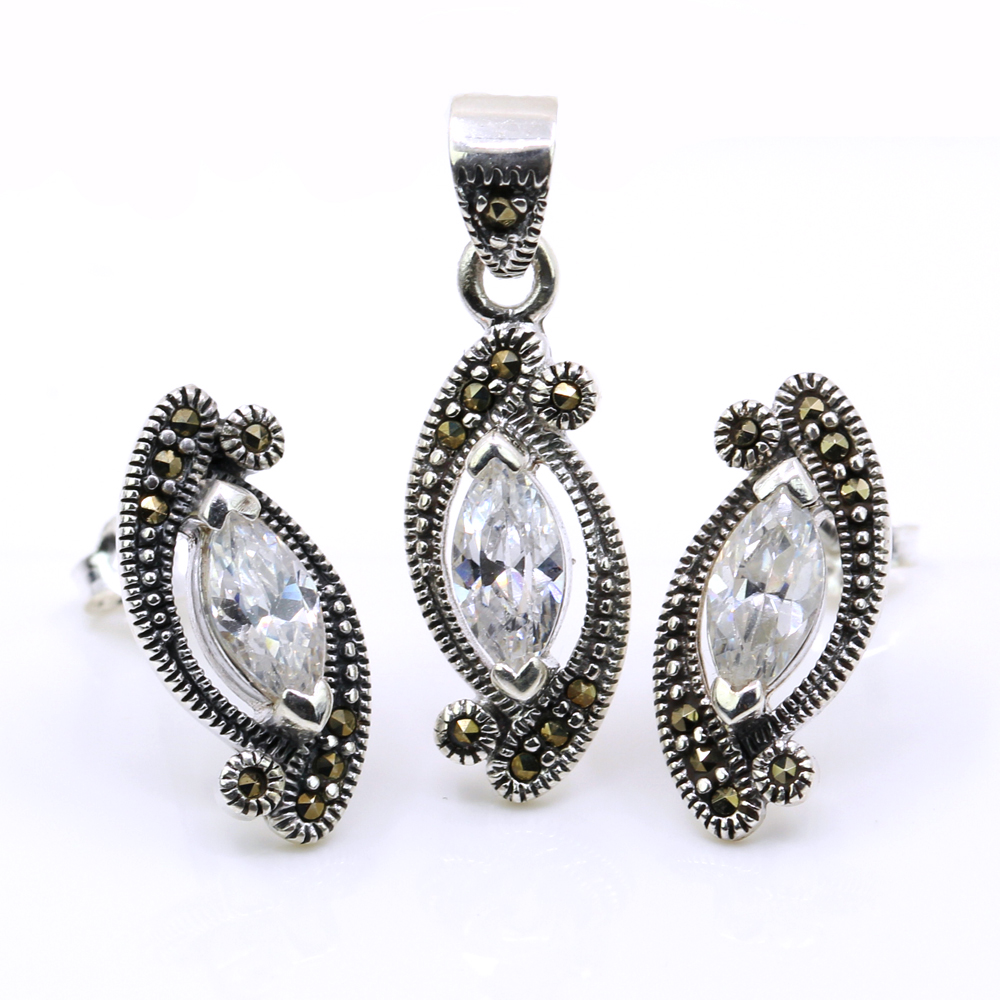 Set Marquise cu marcasite, cercei, pandantiv, argint 925, alb transparent