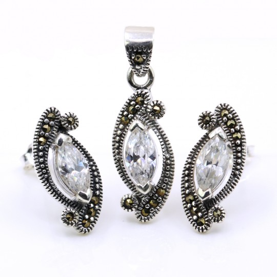 Set Marquise cu marcasite, cercei, pandantiv, argint 925, alb transparent
