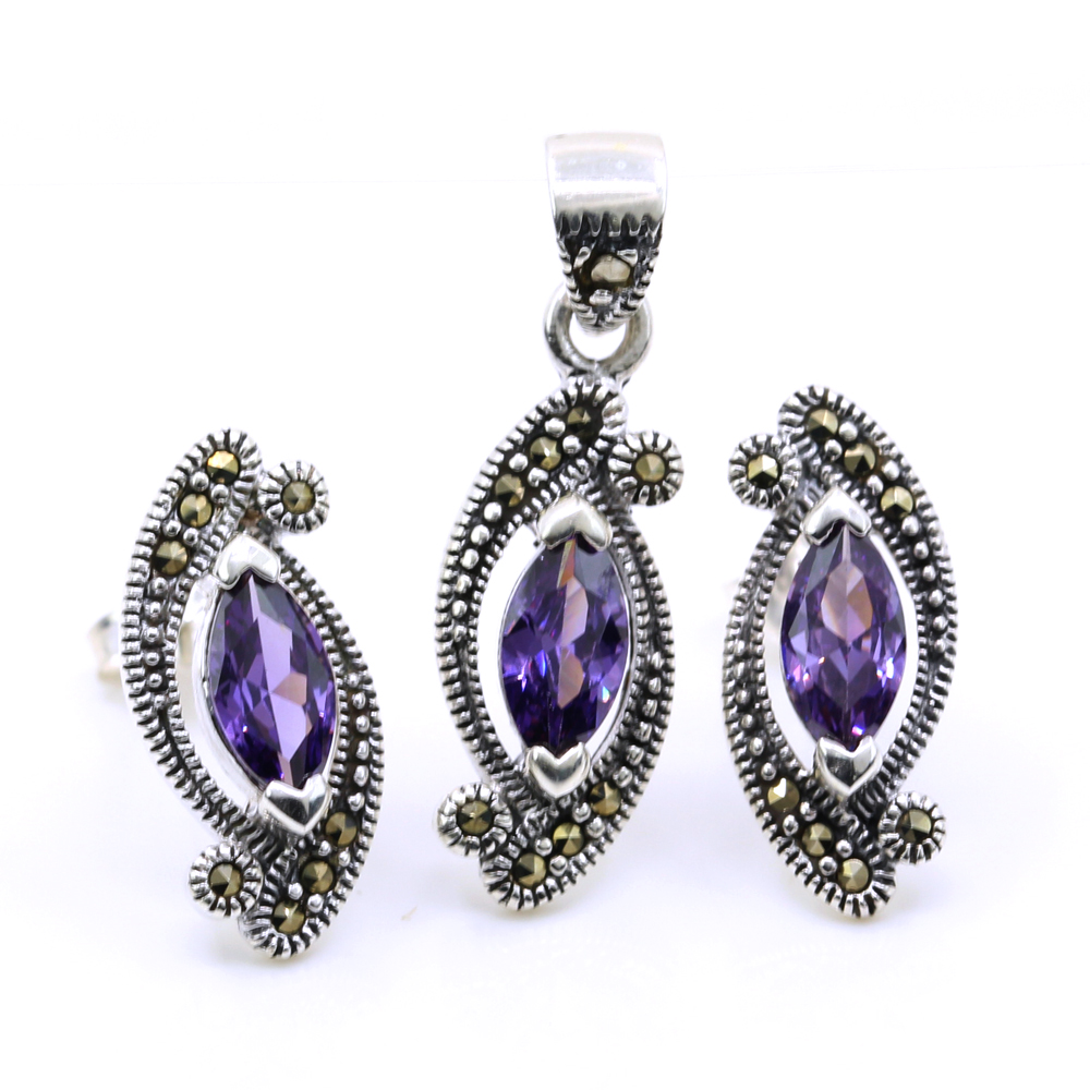 Set Marquise cu marcasite, cercei, pandantiv, argint 925, mov