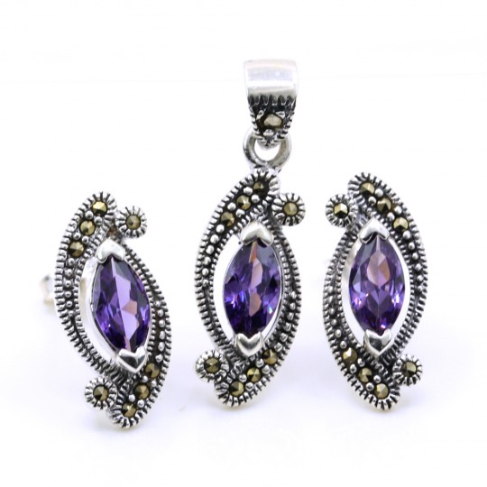Set Marquise cu marcasite, cercei, pandantiv, argint 925, mov
