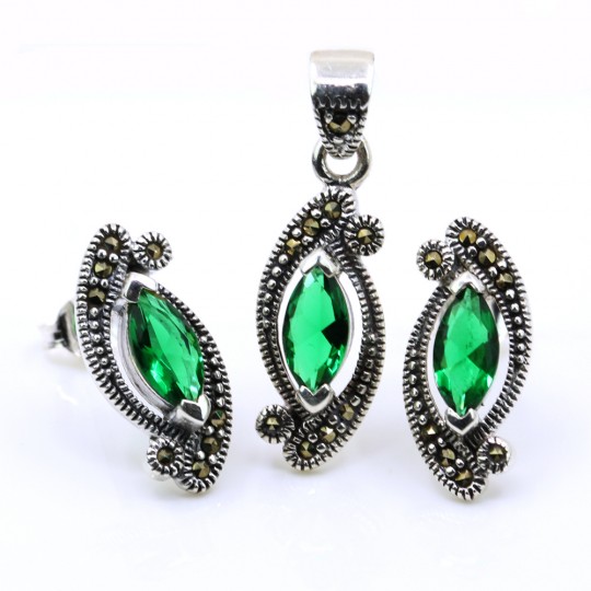 Set Marquise cu marcasite, cercei, pandantiv, argint 925, verde emerald