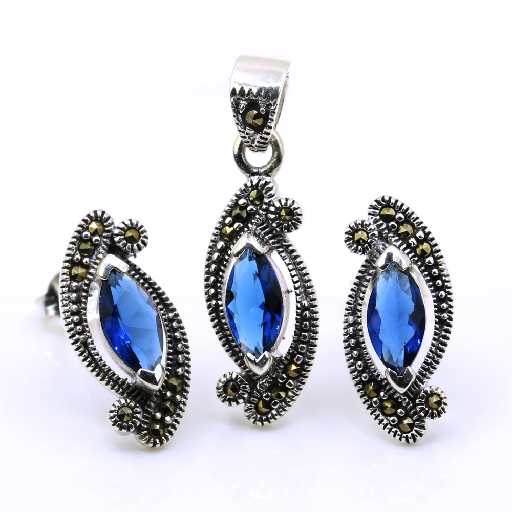 Set Marquise cu marcasite, cercei, pandantiv, argint 925,  albastru navy