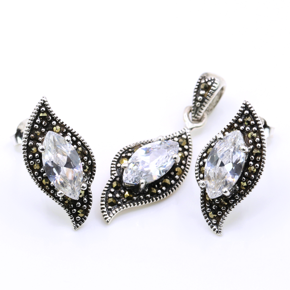 Set Fancy Marquise cu marcasite, cercei, pandantiv, argint 925, alb transparent