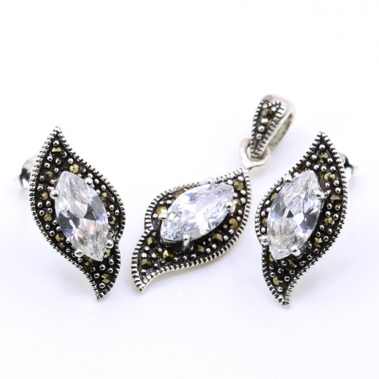 Set Fancy Marquise cu marcasite, cercei, pandantiv, argint 925, alb transparent