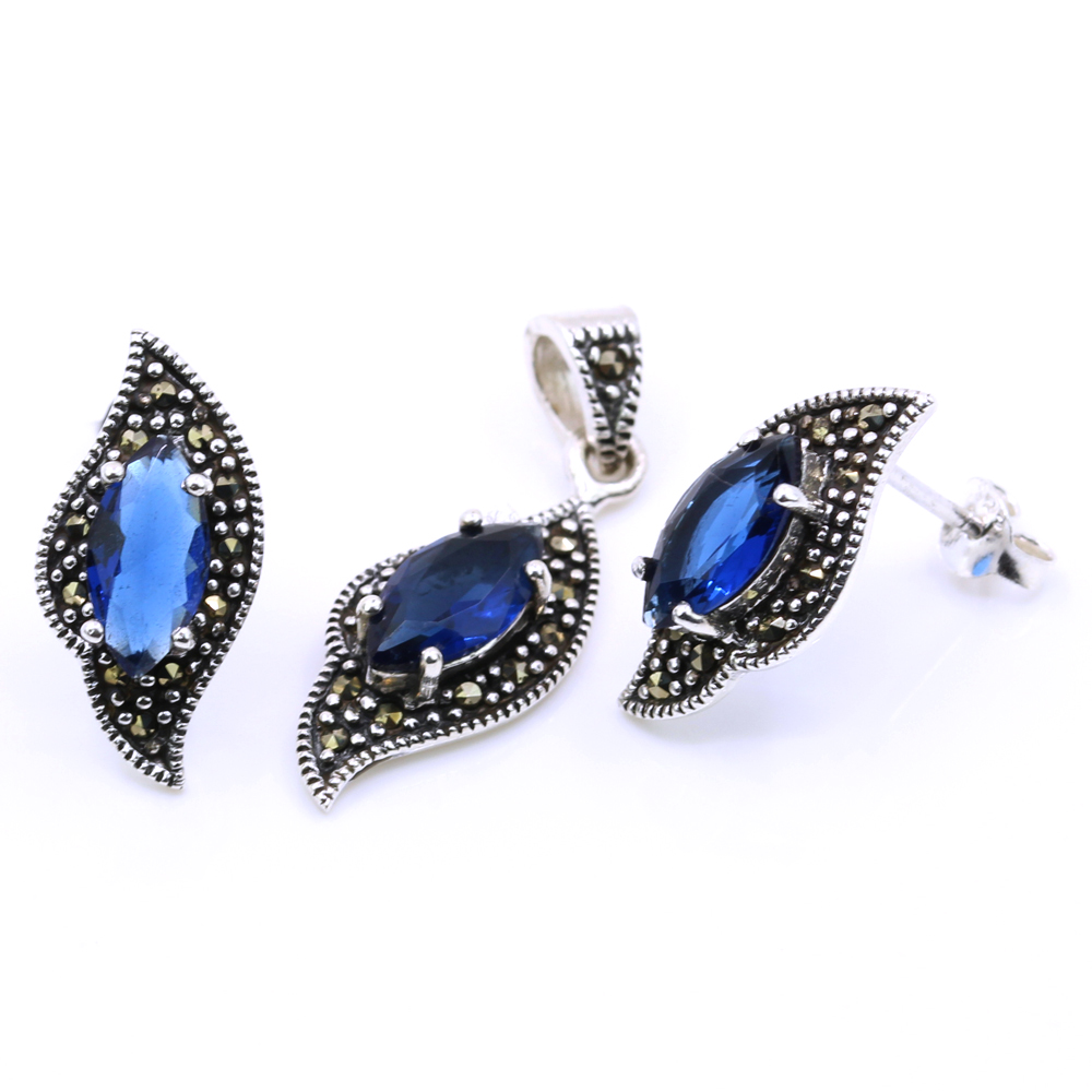 Set Fancy Marquise cu marcasite, cercei, pandantiv, argint 925, albastru