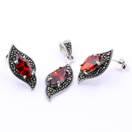 Set Fancy Marquise cu marcasite, cercei, pandantiv, argint 925, rosu siam