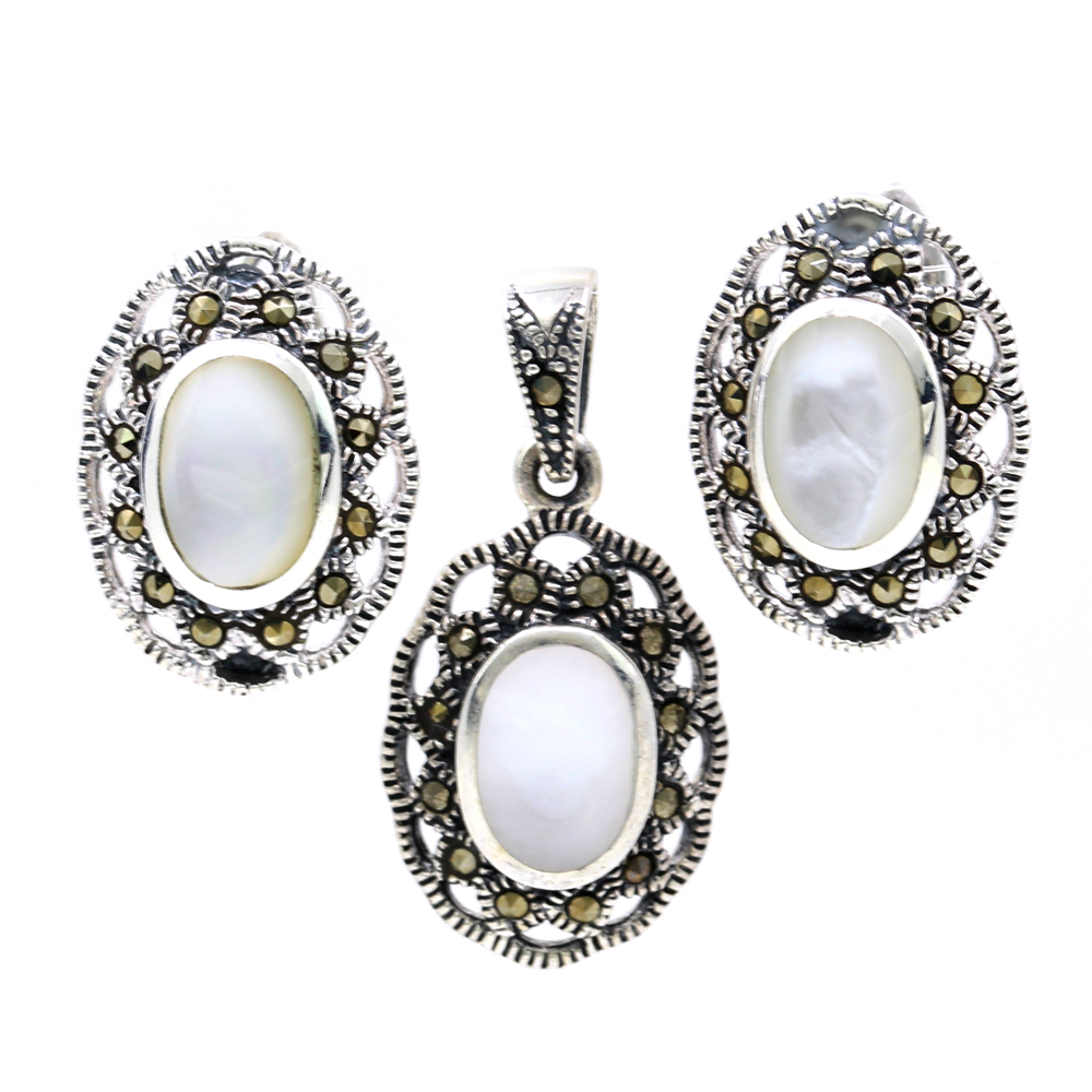Set Oval cu marcasite si Sidef, cercei, pandantiv, argint 925, sidef