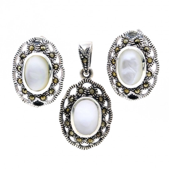 Set Oval cu marcasite si Sidef, cercei, pandantiv, argint 925, sidef