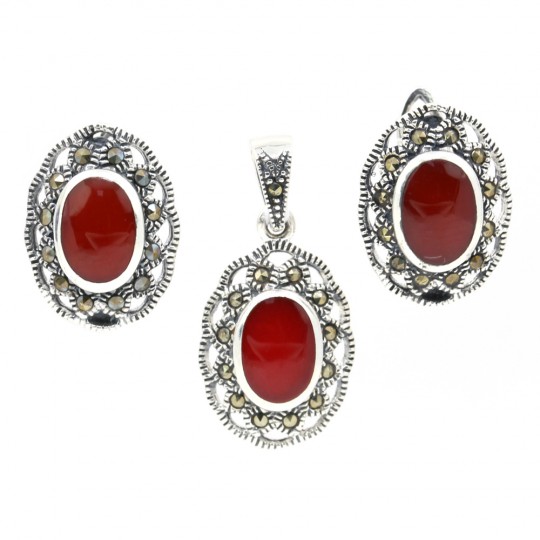 Set Oval cu marcasite, cercei, pandantiv, argint 925, rosu carneol