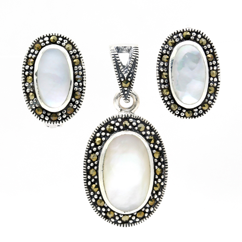Set Oval cu marcasite si Sidef, cercei, pandantiv, argint 925, sidef