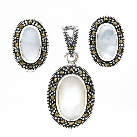 Set Oval cu marcasite si Sidef, cercei, pandantiv, argint 925, sidef