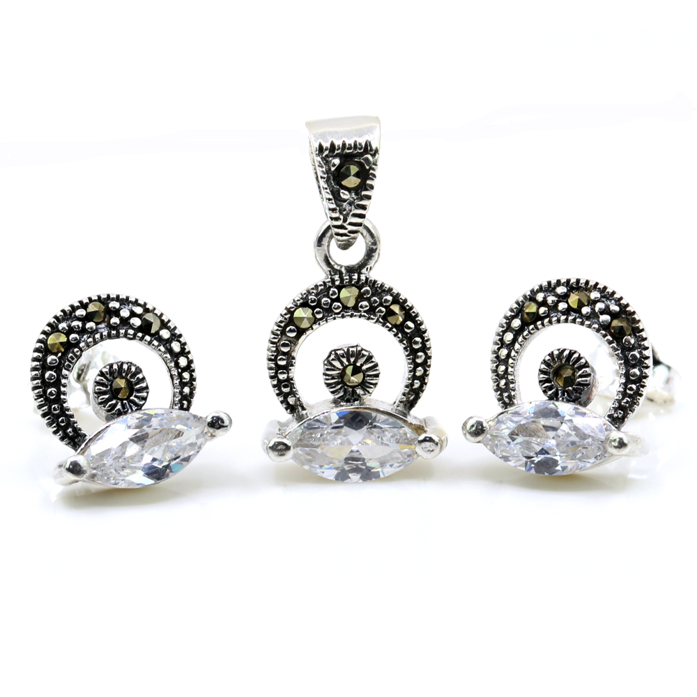 Set Hazel cu marcasite, cercei, pandantiv, argint 925, alb transparent