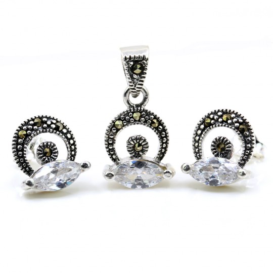 Set Hazel cu marcasite, cercei, pandantiv, argint 925, alb transparent