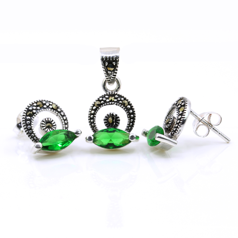 Set Hazel cu marcasite, cercei, pandantiv, argint 925, verde emerald