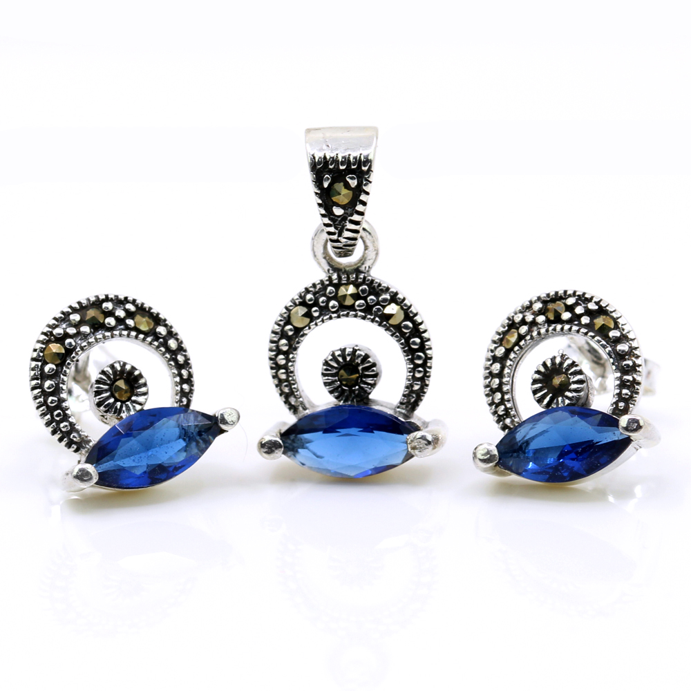 Set Hazel cu marcasite, cercei, pandantiv, argint 925, albastru navy