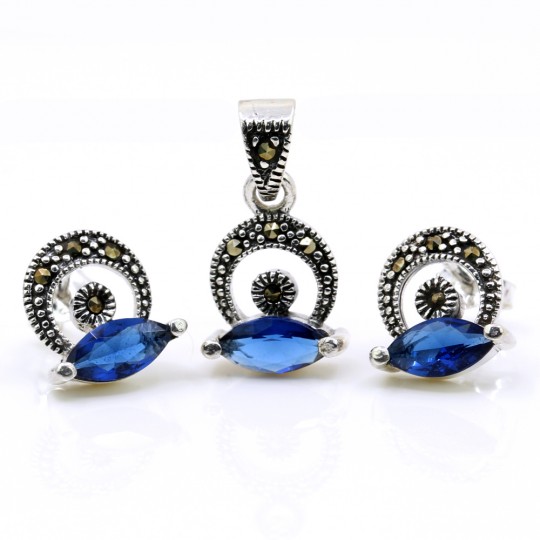 Set Hazel cu marcasite, cercei, pandantiv, argint 925, albastru navy