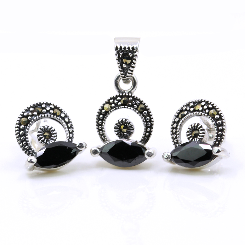 Set Hazel cu marcasite, cercei, pandantiv, argint 925, negru jet