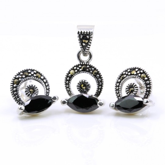 Set Hazel cu marcasite, cercei, pandantiv, argint 925, negru jet