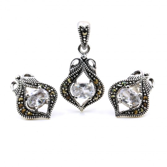 Set Lily cu marcasite, cercei, pandantiv, argint 925, alb transparent